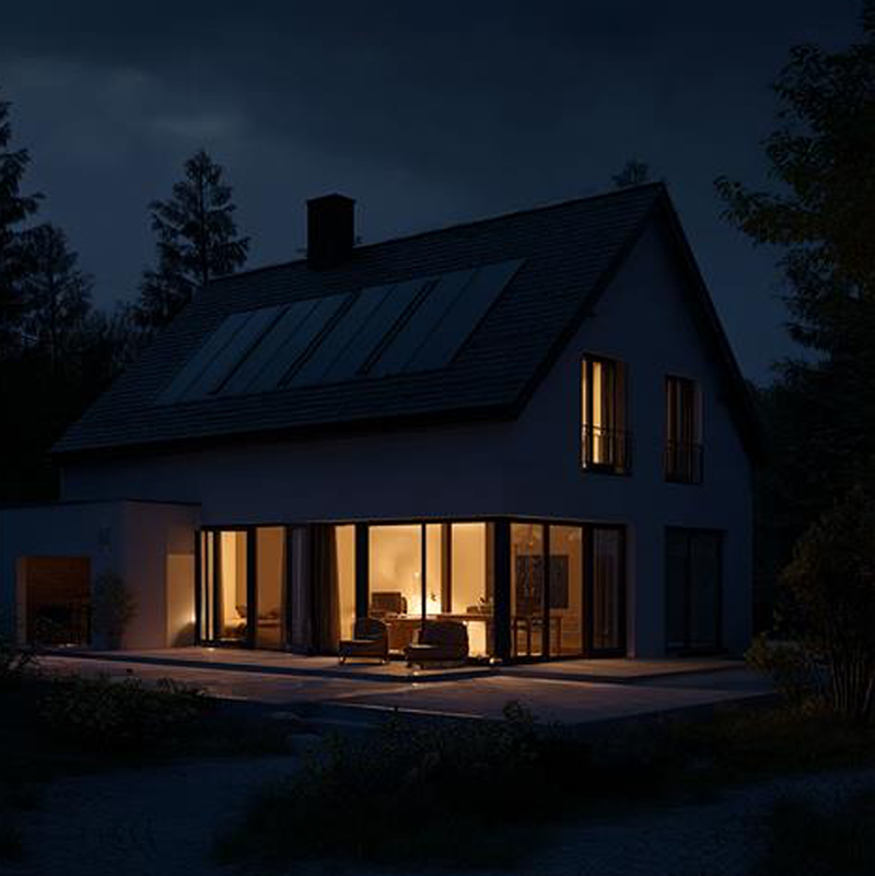 Hus med ljuset på under strömavbrott